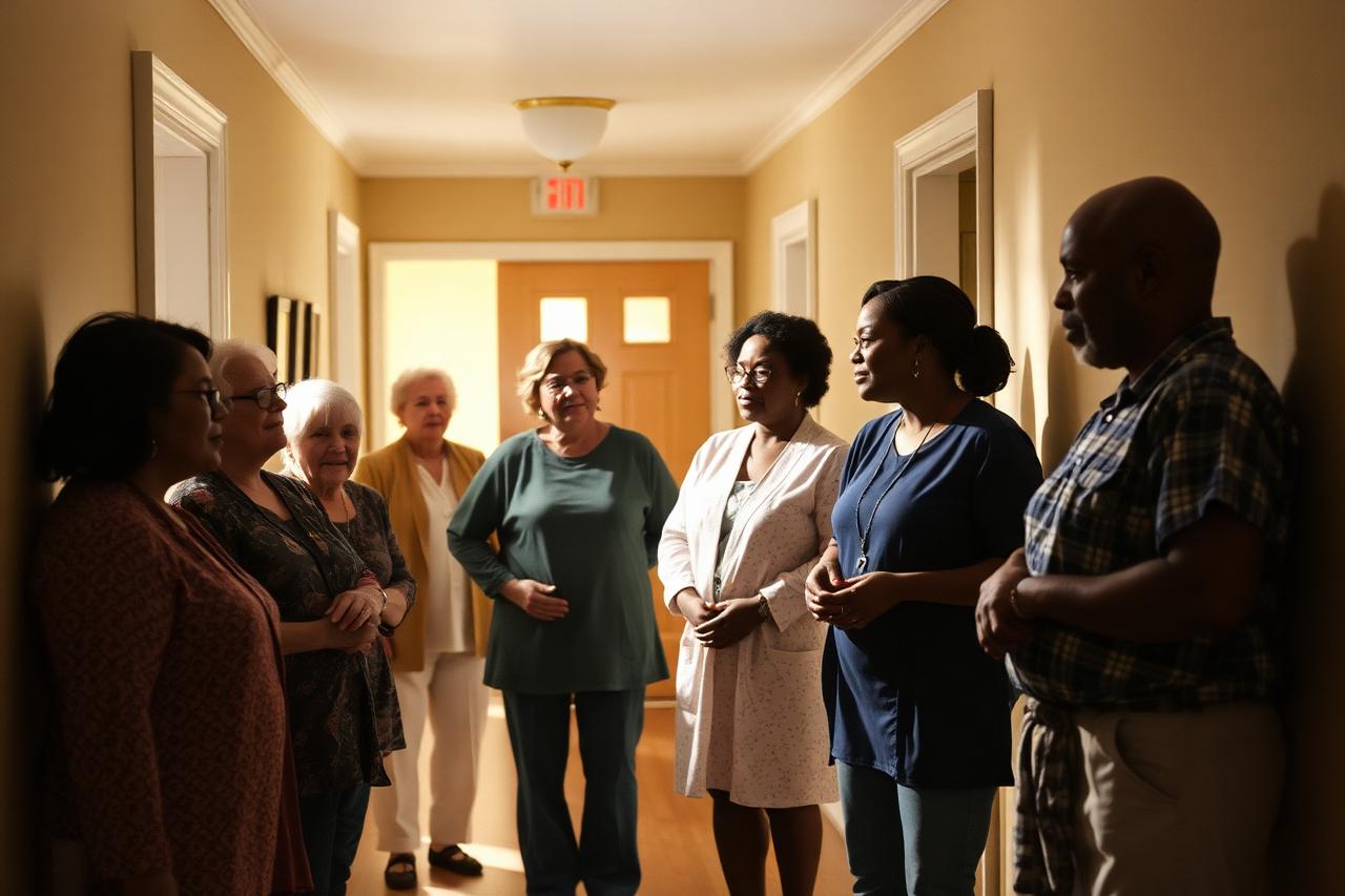 Harmony House clinicians talking together in a bright office kitchen