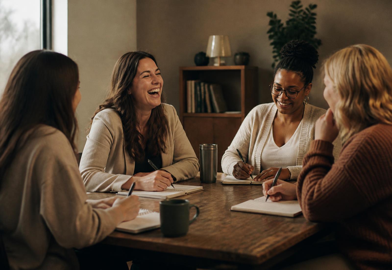 A Harmony House clinical team laughing together during a weekly supervision meeting