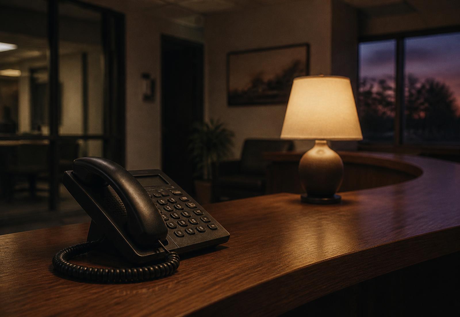 An empty office reception desk with a phone and a lit lamp after hours at dusk