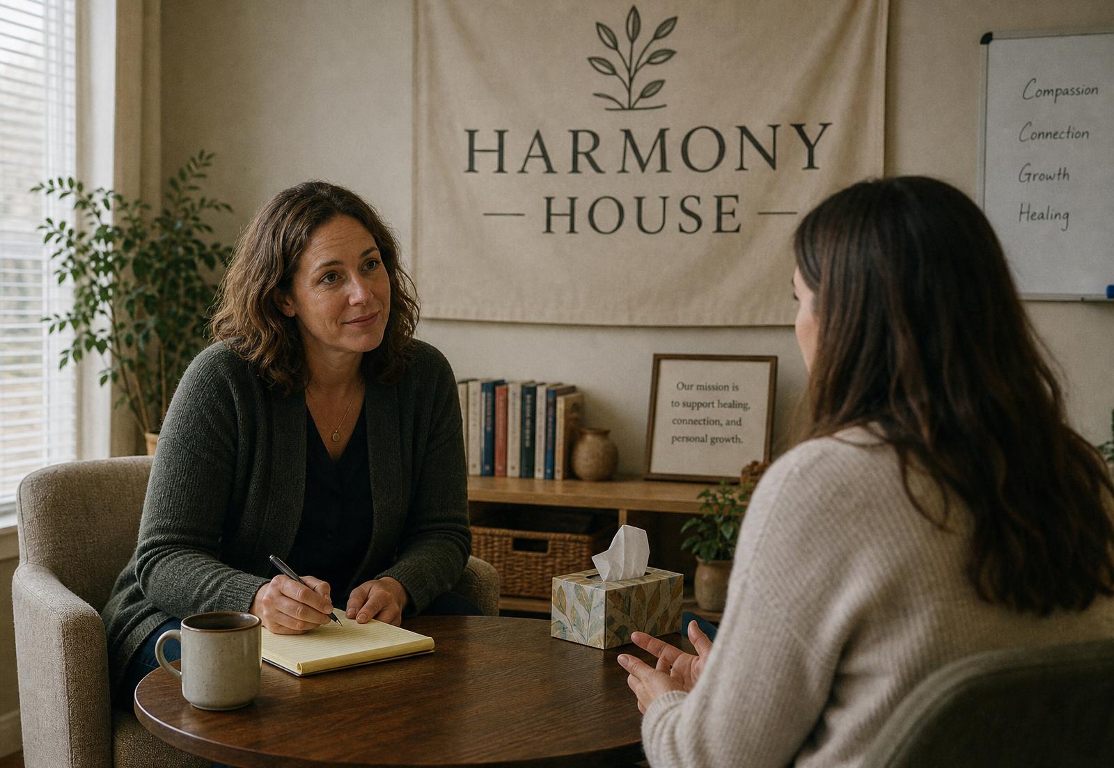 A Harmony House clinician meeting one-on-one with a parent beneath a Harmony House banner in the office