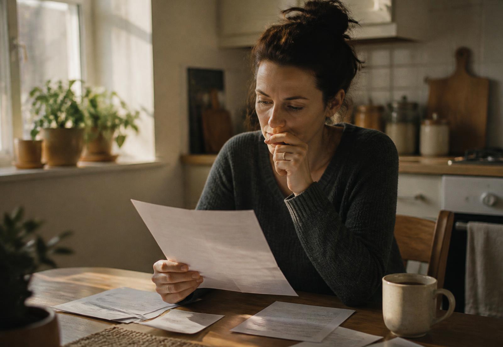 A parent reading service paperwork at a kitchen table with a cup of tea in morning light