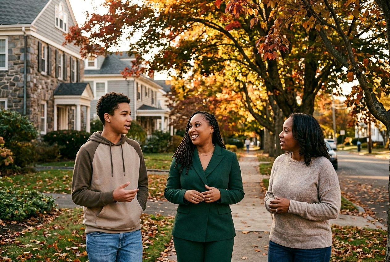 Audriana Vassel walking with a teenage client and their parent in a Connecticut neighborhood