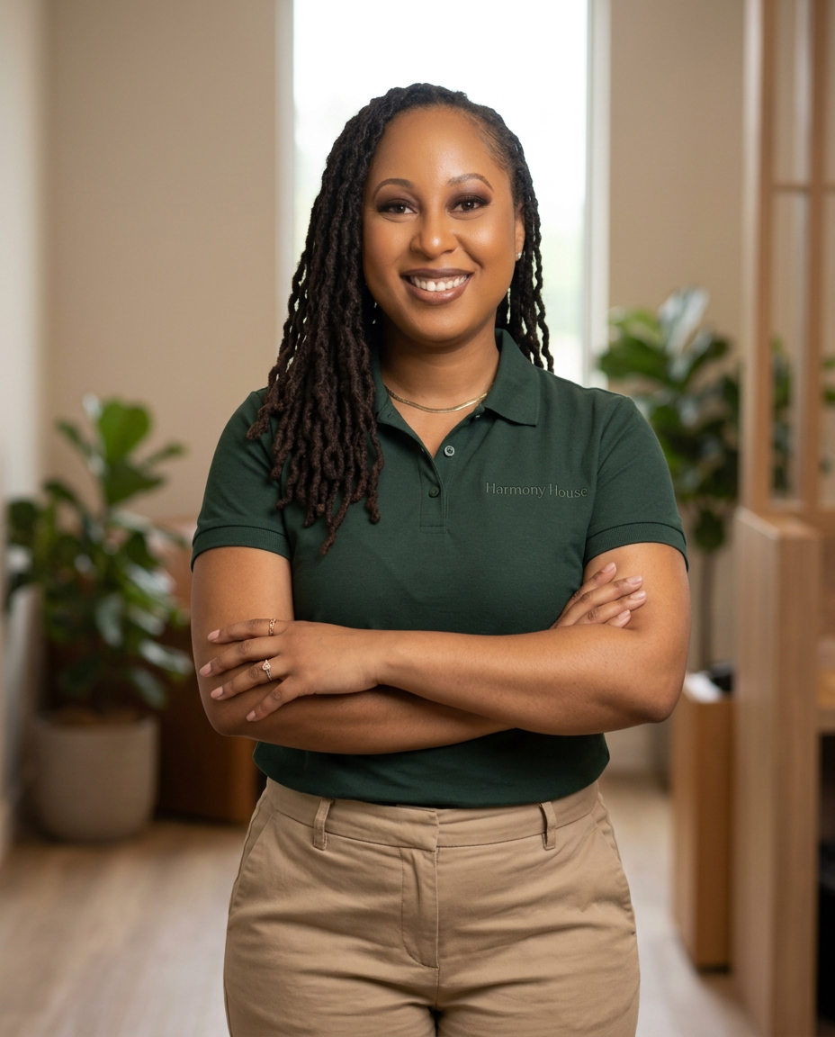 Audriana Vassel in a Harmony House polo shirt and khakis, standing in the Harmony House office