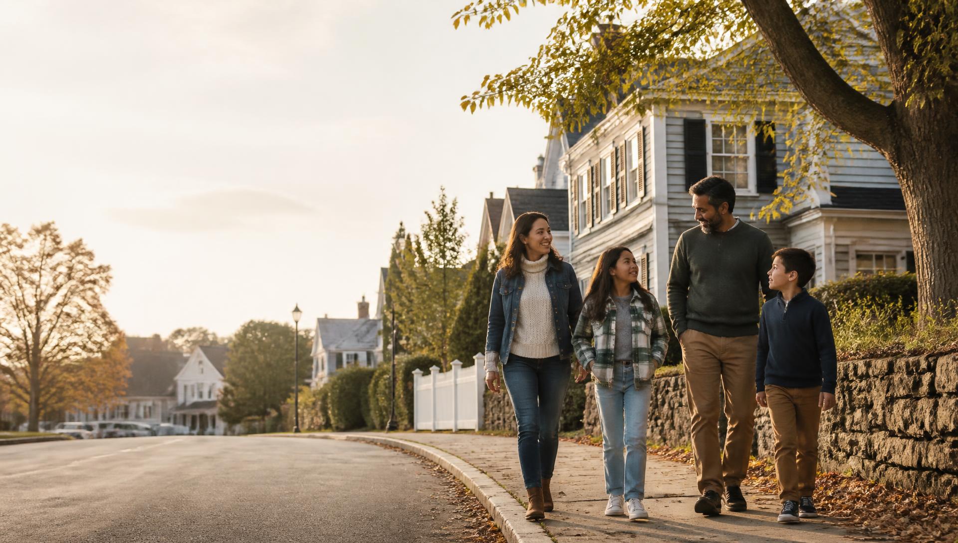 A Connecticut family walking together on a neighborhood sidewalk