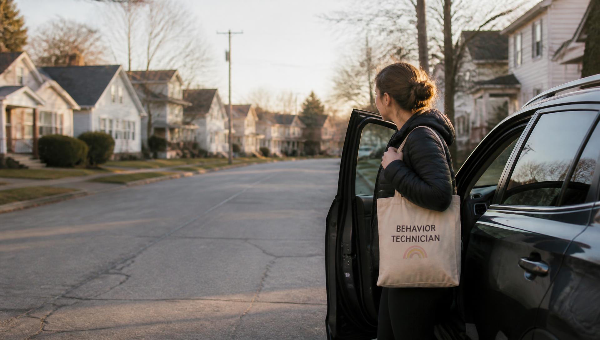 A behavior technician arriving for a home visit on a residential street