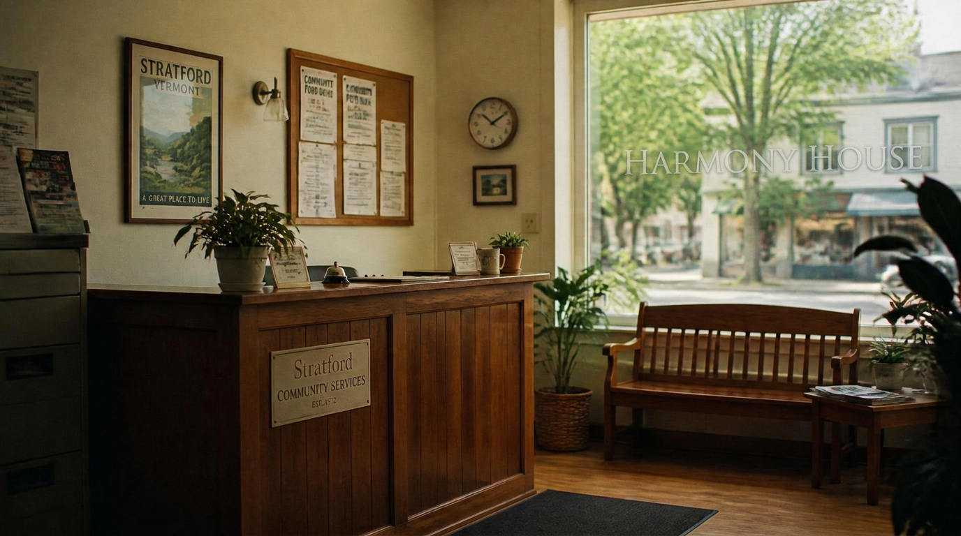 The Harmony House reception area, with the Harmony House name lettered on the front glass