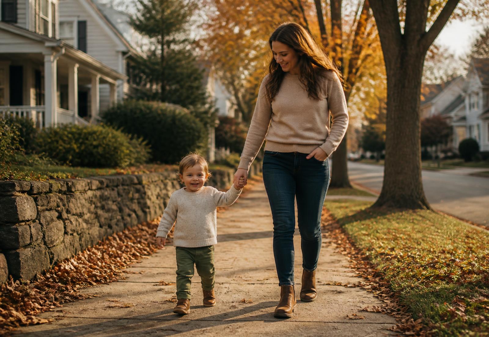 A parent and child walking together on a neighborhood sidewalk in Connecticut