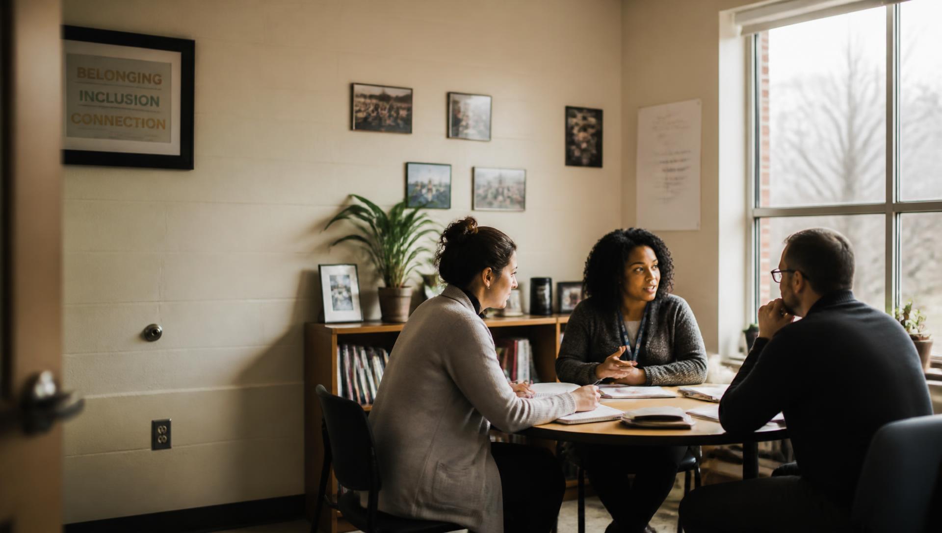 Clinicians and a school professional collaborating in a bright office