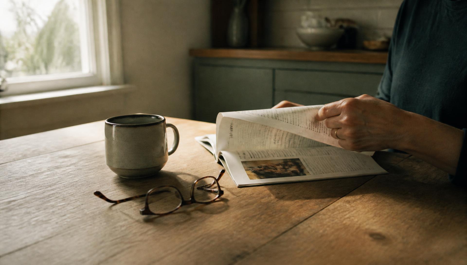 A parent reading a printed guide at a kitchen table in morning light