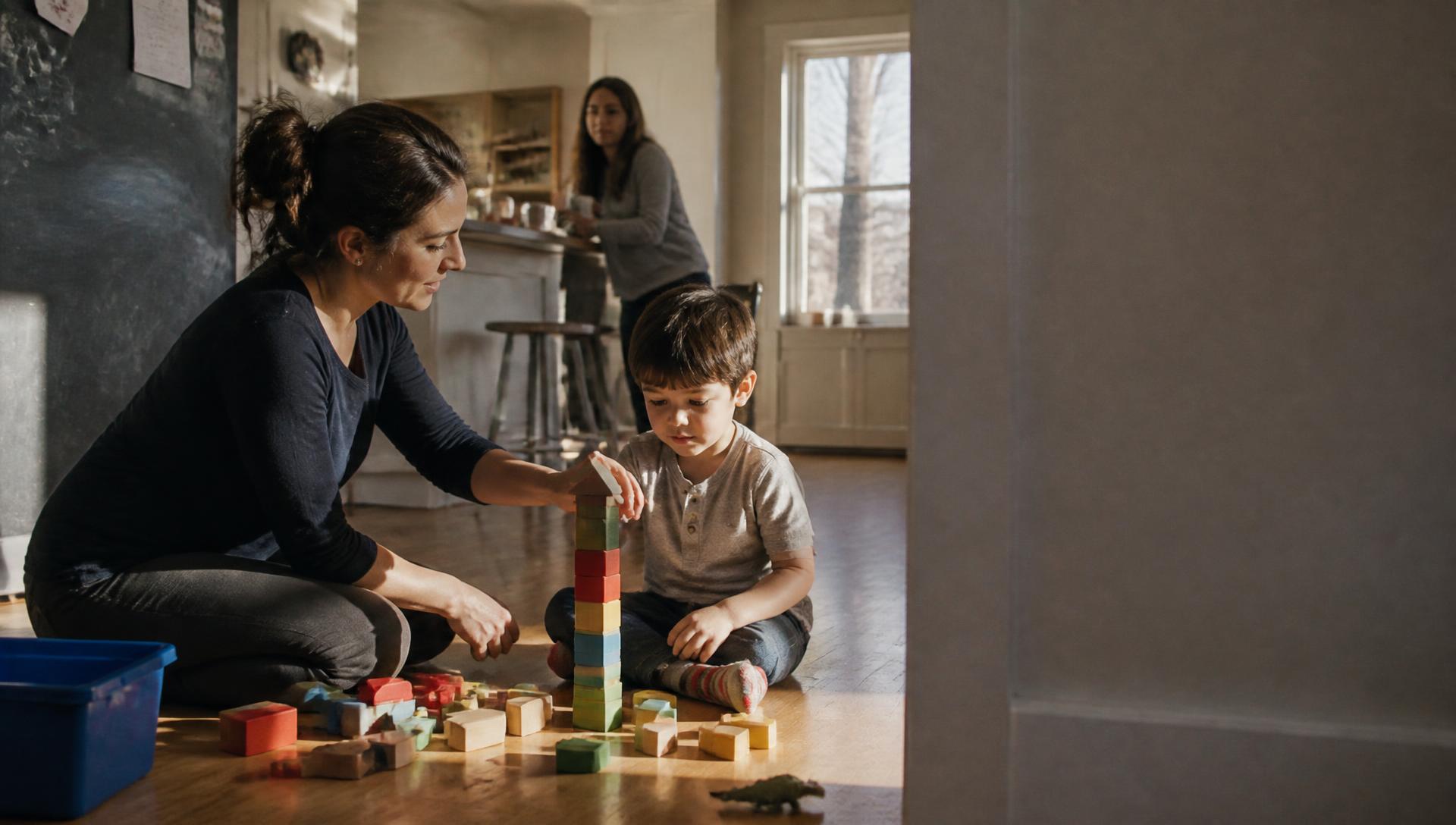 A therapist and child building with blocks in a sunlit kitchen