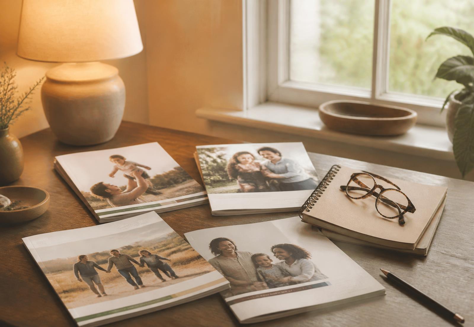 Printed family resource guides, a notebook, and reading glasses on a sunlit desk