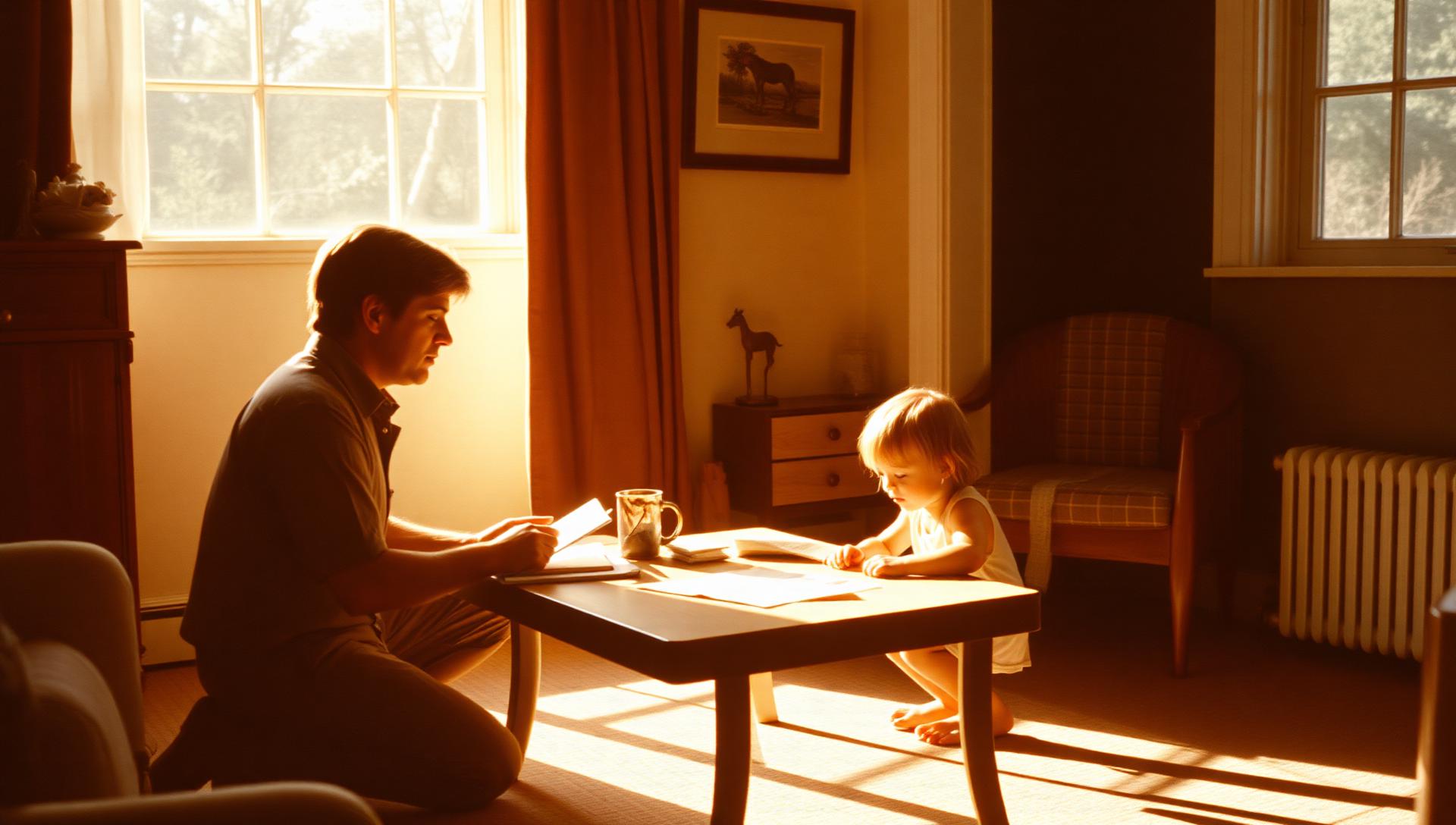 A board certified behavior analyst using picture communication cards with a young child on a living room rug