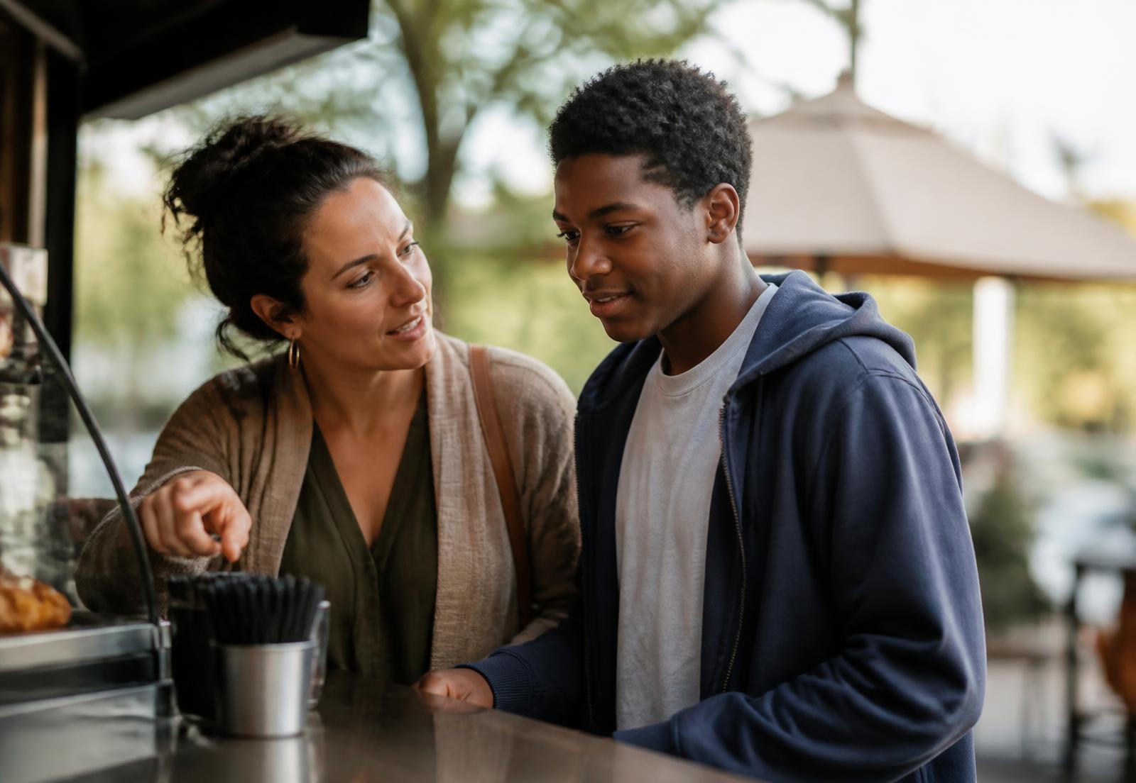 A support professional and a teenager ordering together at an outdoor café counter