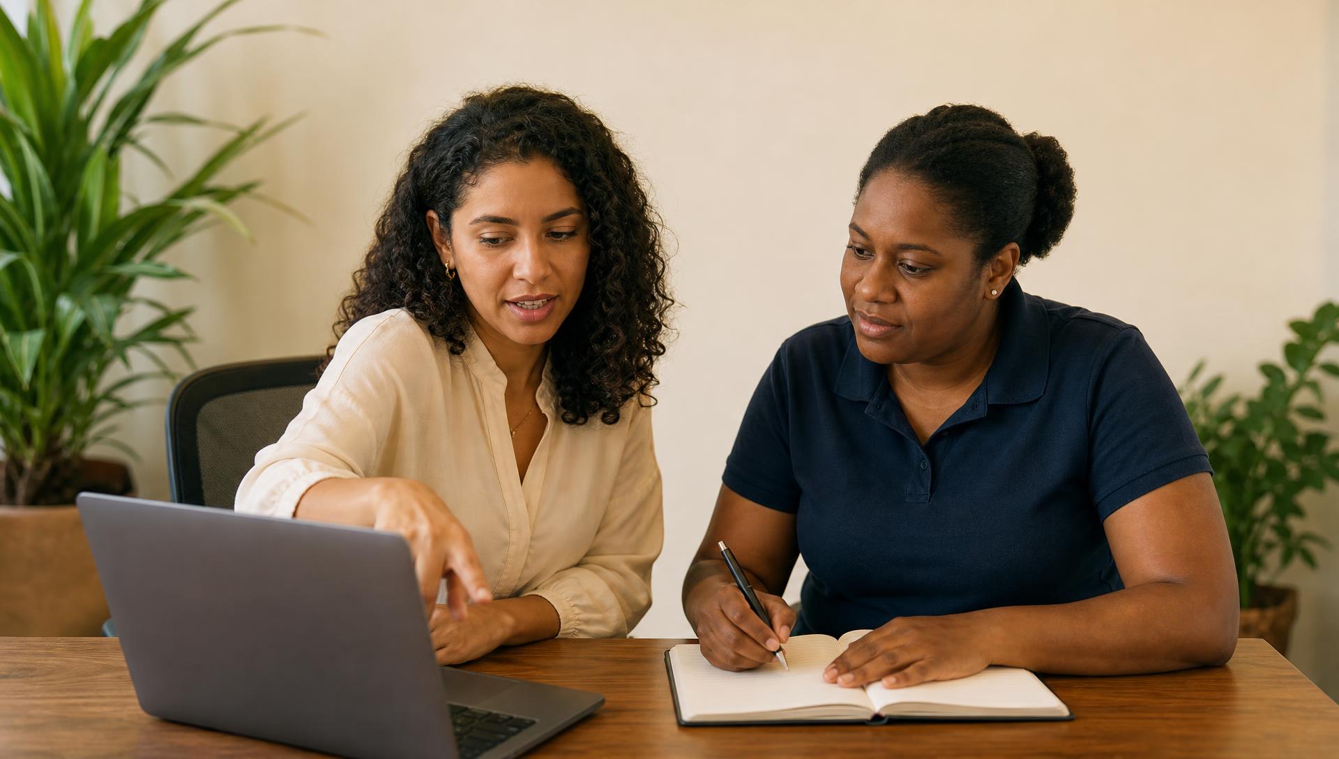 Harmony, the Harmony House virtual concierge, reviewing program plans on a laptop with the founder during a consultation