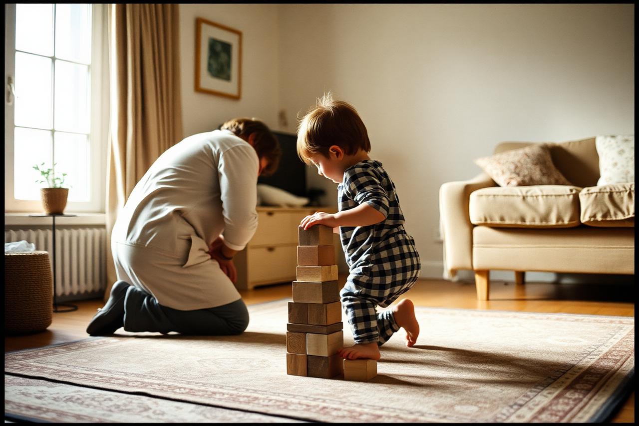 A therapist and caregiver supporting a child during a play-based session at home