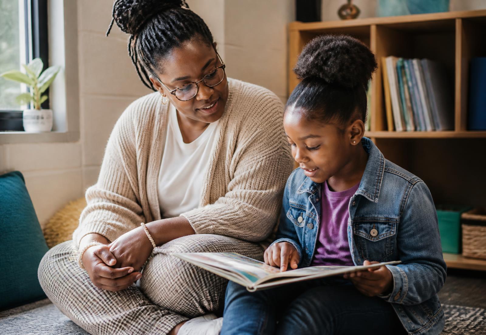 A behavior technician working beside an elementary student in a school reading nook